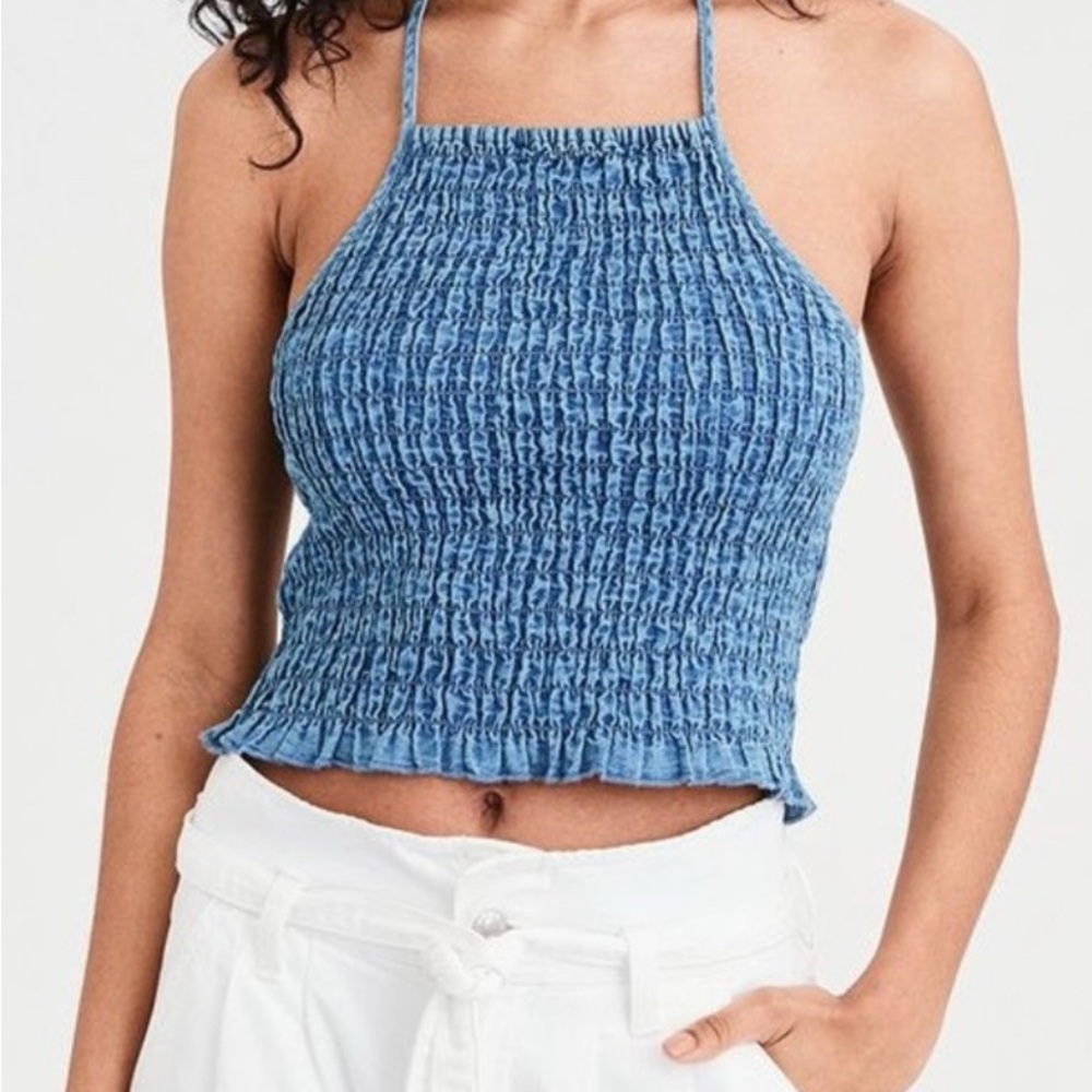 American Eagle Outfitters Blue Smocked Sleeveless Crop Tank